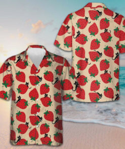 Strawberry And Cat Seamless Pattern Hawaiian Shirt Beach Button Up Shirts Men's Gift