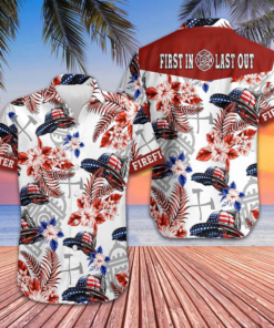 American Flag Firefighter Helmet Pattern Hawaiian Shirt First In Last Out Firefighter Shirt Men