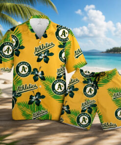 Athletics Oakland Green Leaf Hibiscus Flower Summer Hawaiian Shirt And Shorts