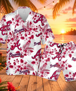 Atlanta Braves Tropical Red Hibiscus Flowers Pattern Hawaiian Shirt And Shorts