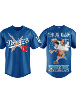 Custom Name And Number Los Angeles Dodgers x One Piece Night 2026 Luffy Scar Blue Baseball Jersey for Anime and Baseball Fans