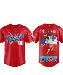 Custom Name And Number Los Angeles Dodgers x One Piece Night 2026 Luffy Scar Red Baseball Jersey for Anime and Baseball Fans