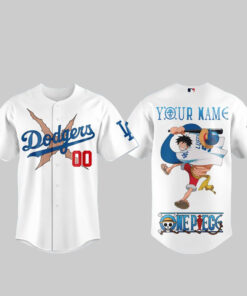 Custom Name And Number Los Angeles Dodgers x One Piece Night 2026 Luffy Scar White Baseball Jersey for Anime and Baseball Fans
