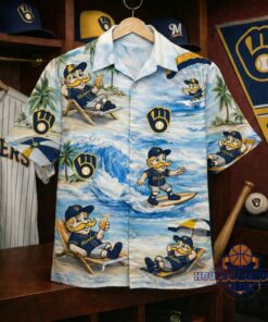 Unisex Milwaukee Brewers Bernie Brewer Tropical Beach Graphic Hawaiian Shirt for Baseball Fans