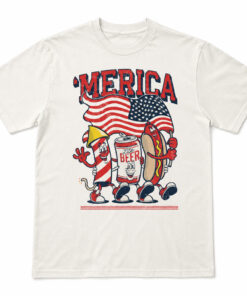 Unisex Merica Lite Beer Hot Sog USA 4th Of July Graphic Shirt for Patriotic Fans