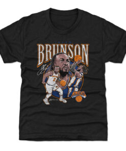 Unisex New York Knicks Jalen Brunson Heather Black Trio Caricature Graphic Shirt for Basketball Fans