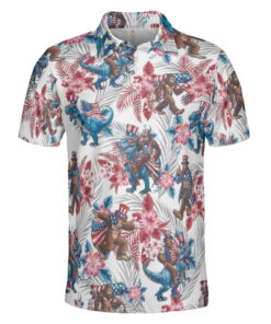 Unisex Patriotic Bigfoot Riding T-Rex Graphic Polo Shirt for Patriotic Fans