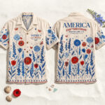 Unisex Subtle Folk Flowers Patriotic USA Hawaiian Shirt for Patriotic Fans
