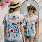 Unisex Subtle Folk Flowers Patriotic USA Hawaiian Shirt for Patriotic Fans