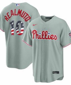 Unisex Philadelphia Phillies J.T. Realmuto Gray USA 250 Fourth of July Road Graphic Baseball Jersey for Baseball Fans