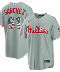 Unisex Philadelphia Phillies Cristopher Sanchez Gray USA 250 Fourth of July Road Graphic Baseball Jersey for Baseball Fans