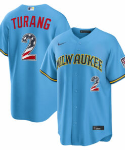 Unisex Milwaukee Brewers Brice Turang Light Blue USA 250 Fourth of July Road Graphic Baseball Jersey for Baseball Fans