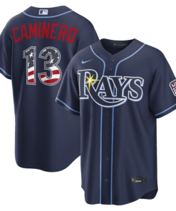 Unisex Tampa Bay Rays Junior Caminero Navy USA 250 Fourth of July Road Graphic Baseball Jersey for Baseball Fans