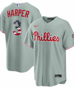 Unisex Philadelphia Phillies Bryce Harper Gray USA 250 Fourth of July Road Graphic Baseball Jersey for Baseball Fans