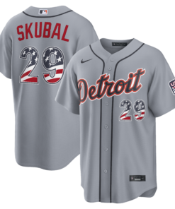 Unisex Detroit Tigers Tarik Skubal Gray USA 250 Fourth of July Road Graphic Baseball Jersey for Baseball Fans