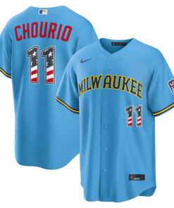 Unisex Milwaukee Brewers Jackson Chourio Light Blue USA 250 Fourth of July Road Graphic Baseball Jersey for Baseball Fans
