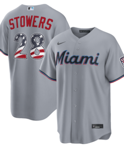 Unisex Miami Marlins Kyle Stowers Gray USA 250 Fourth of July Road Graphic Baseball Jersey for Baseball Fans