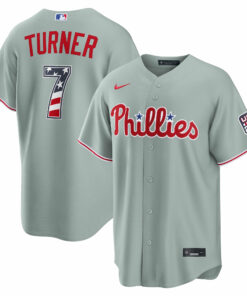 Unisex Philadelphia Phillies Trea Turner Gray USA 250 Fourth of July Road Graphic Baseball Jersey for Baseball Fans