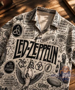 Unisex Led Zeppelin Symbols Doodle Art Button-Up Graphic Hawaiian Shirt for Music Fans