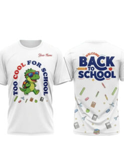 Custom Name Too Cool For School Back to School Dinosaur Graphic Shirt for Kids and Dinosaur Fans