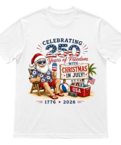 Unisex Christmas in July 250 Years of Freedom 1776-2026 Patriotic Summer Santa Graphic Shirt for Patriotic Fans