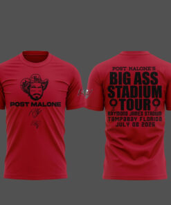 Unisex Post Malone x Tampa Bay Buccaneers Big Ass Stadium Tour 2026 Red Graphic Shirt for Music and Football Fans