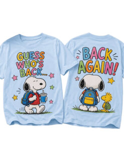 Unisex Snoopy and Woodstock Back to School Guess Who’s Back Again Graphic Shirt for Peanuts Fans