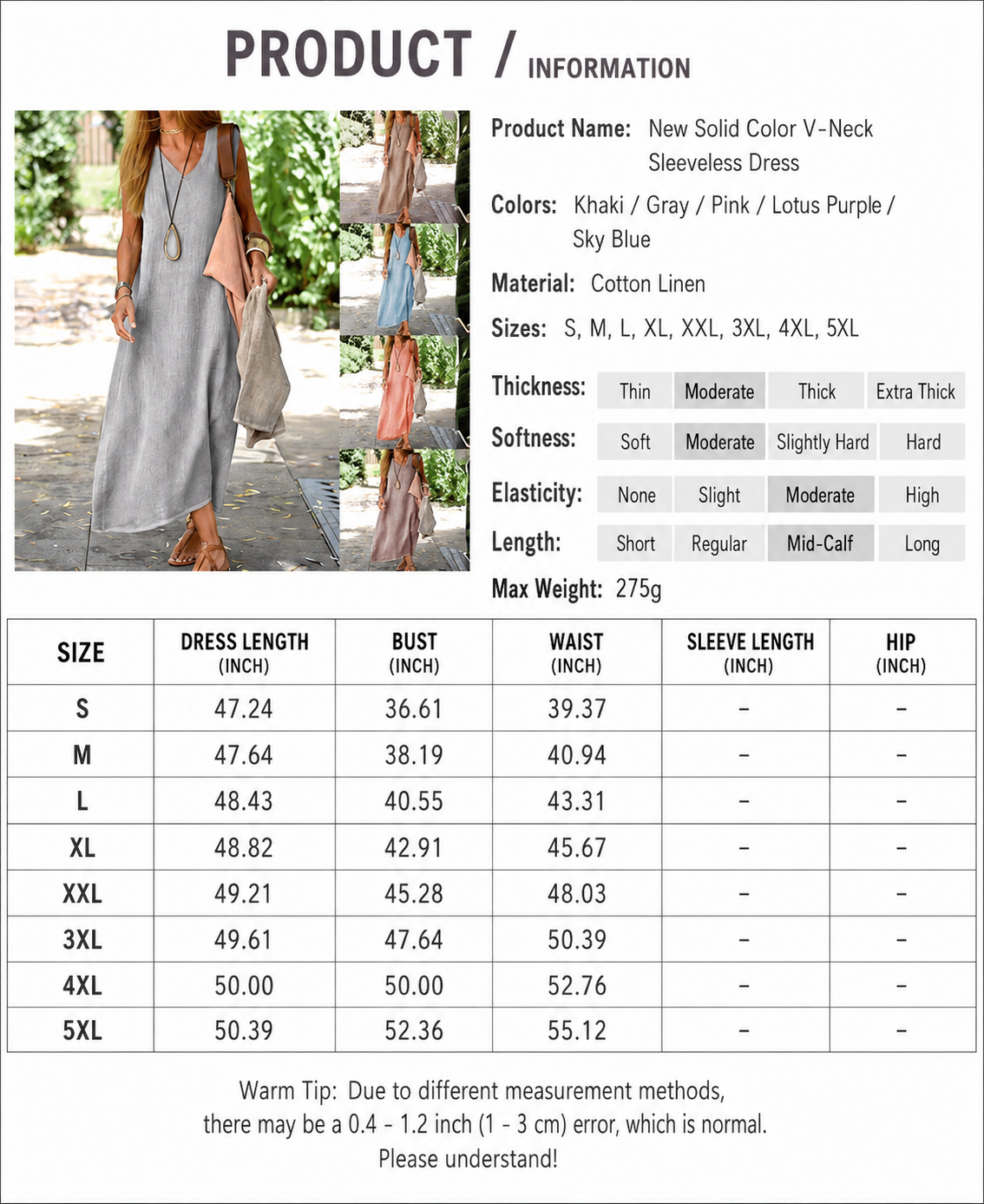 Plus Size Cotton V-Neck A-Line Maxi Dress