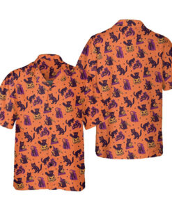 Unisex Gothic Halloween 2026 Spooky Black Cats and Witches Hawaiian Shirt for Halloween Fans