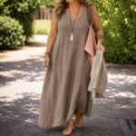 Plus Size Cotton V-Neck A-Line Maxi Dress