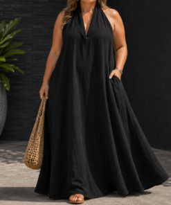 Women's Cotton Linen V-Neck Maxi Dress