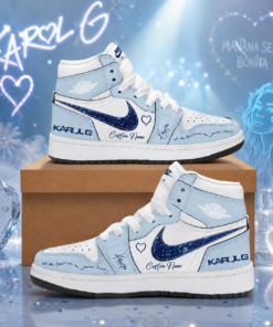 Custom Name Karol G Signature Sky Blue Glitter AJ1 High Top Shoes for Music Fans