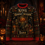 Custom Name King of Spooky Season Pumpkin Gothic Halloween 2026 Ugly Sweater