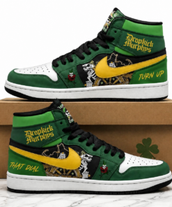 Dropkick Murphys Turn Up That Dial Green Gold AJ1 High Top Shoes for Music Fans