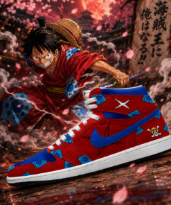 One Piece Monkey D. Luffy Red Blue AJ1 High Top Shoes for Anime Fans