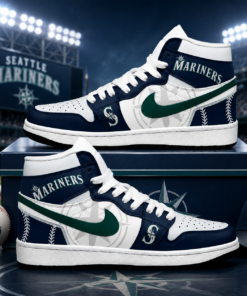 Seattle Mariners Navy Teal White AJ1 High Top Shoes for Baseball Fans