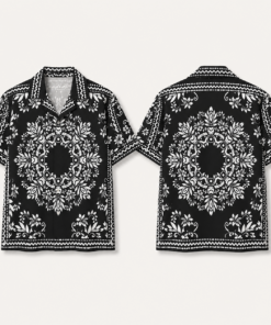 Unisex Black White Ornamental Bandana Hawaiian Shirt for Summer Vacation