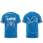 Unisex Detroit Lions x Spider-Man 2026 Blue Graphic Shirt for Football Fans