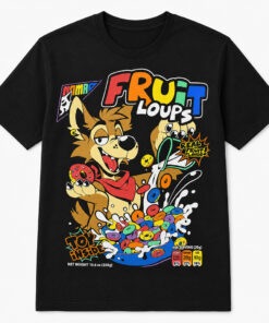 Unisex Fruit Loops Cartoon Wolf Cereal Graphic Shirt for Retro Cartoon Fans