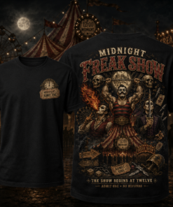 Unisex Midnight Freak Show The Show Begins at Twelve Halloween 2026 Graphic Shirt for Horror Fans
