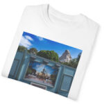Unisex Theme Park Castle Photo Amusement Park Scene Blue Facade Graphic Shirt for Theme Park Fans