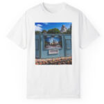 Unisex Theme Park Castle Photo Amusement Park Scene Blue Facade Graphic Shirt for Theme Park Fans