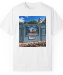 Unisex Theme Park Castle Photo Amusement Park Scene Blue Facade Graphic Shirt for Theme Park Fans