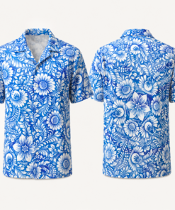 Unisex Tropical Blue White Floral Hawaiian Shirt