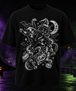 Unisex Witch Cat Kickflip Halloween Skateboard Graphic T-Shirt