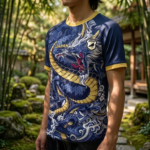 Unisex Japan National Team Dragon 2026 Graphic Shirt for Soccer Fans Blue Gold