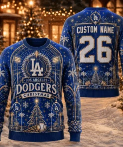 Custom Name And Number Los Angeles Dodgers West Coast Noel Christmas Ugly Sweater 2026