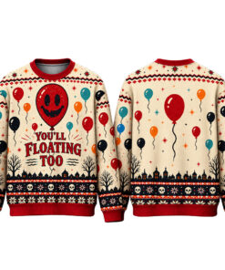 2026 You'll Floating Too Red Balloon Halloween Ugly Sweater
