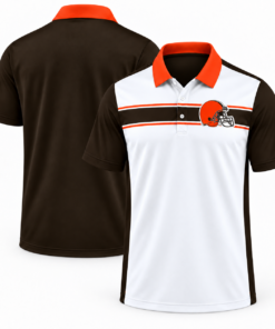 Cleveland Browns Classic Team Stripe White Brown Orange Polo Shirt for Football Fans