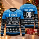 Custom Name And Number Detroit Lions Walking Abbey Road Ugly Christmas Sweater